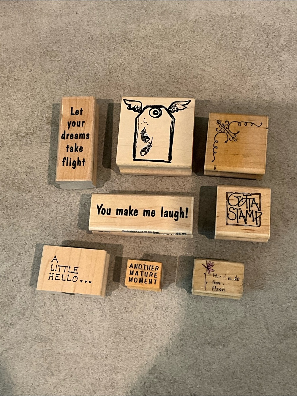 Lot of 8 Wooden Sentiment Stamps - Natural Wood Finish. Hero Arts